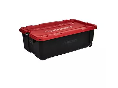Husky 57 Gal. Pro Grip Storage Tote with Wheels in Black with Red Lid PRE ORDER