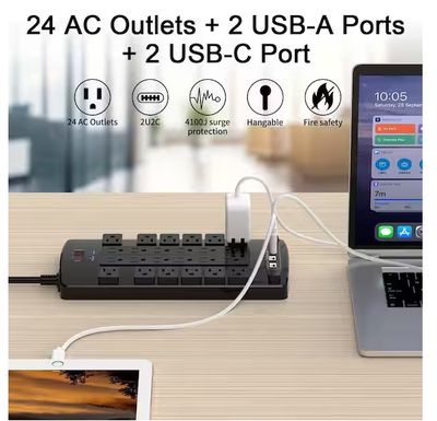 6 ft. Extension Cord Surge Protector Power Strip with 24 Outlets 2 USB-A Ports 2 USB-C Ports Overload Protection PRE ORDER