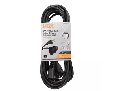 HDX 25 ft. 16/3 Light Duty Indoor/Outdoor Extension Cord with Multiple Outlet Triple Tap End, Black PRE ORDER