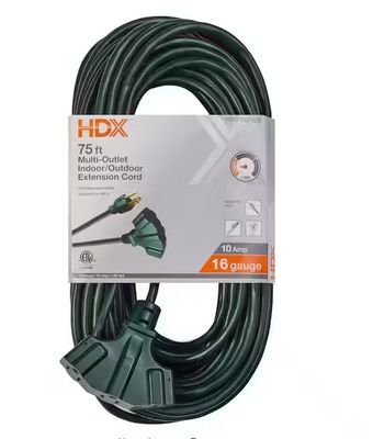 HDX 75 ft. 16/3 Light Duty Indoor/Outdoor Extension Cord with Multiple Outlet Triple Tap End, Green PRE ORDER
