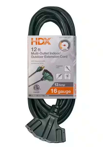 HDX 12 ft. 16/3 Light Duty Indoor/Outdoor Extension Cord with Multiple Outlet Triple Tap End, Green PRE ORDER