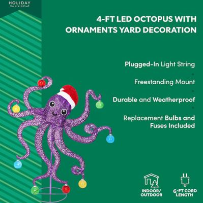 Holiday Living 4-ft LED Octopus with Ornaments Yard Decoration PRE ORDER NOW FOR CHRISTMAS 2026