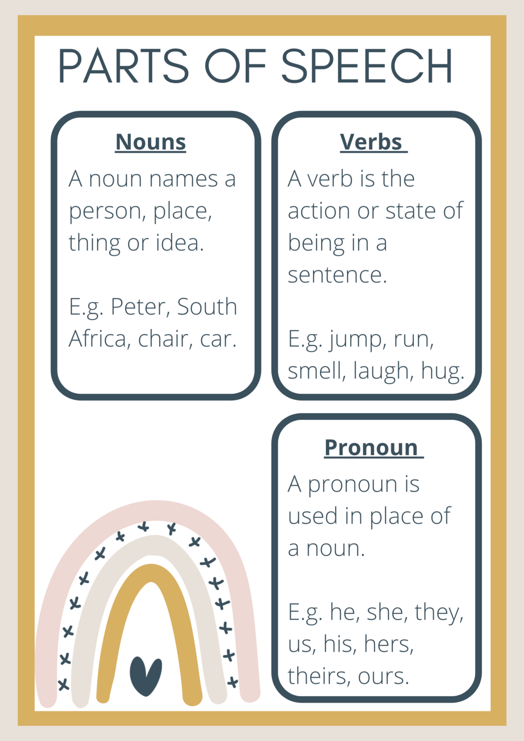 Boho Rainbow Nouns, Verbs and Pronouns