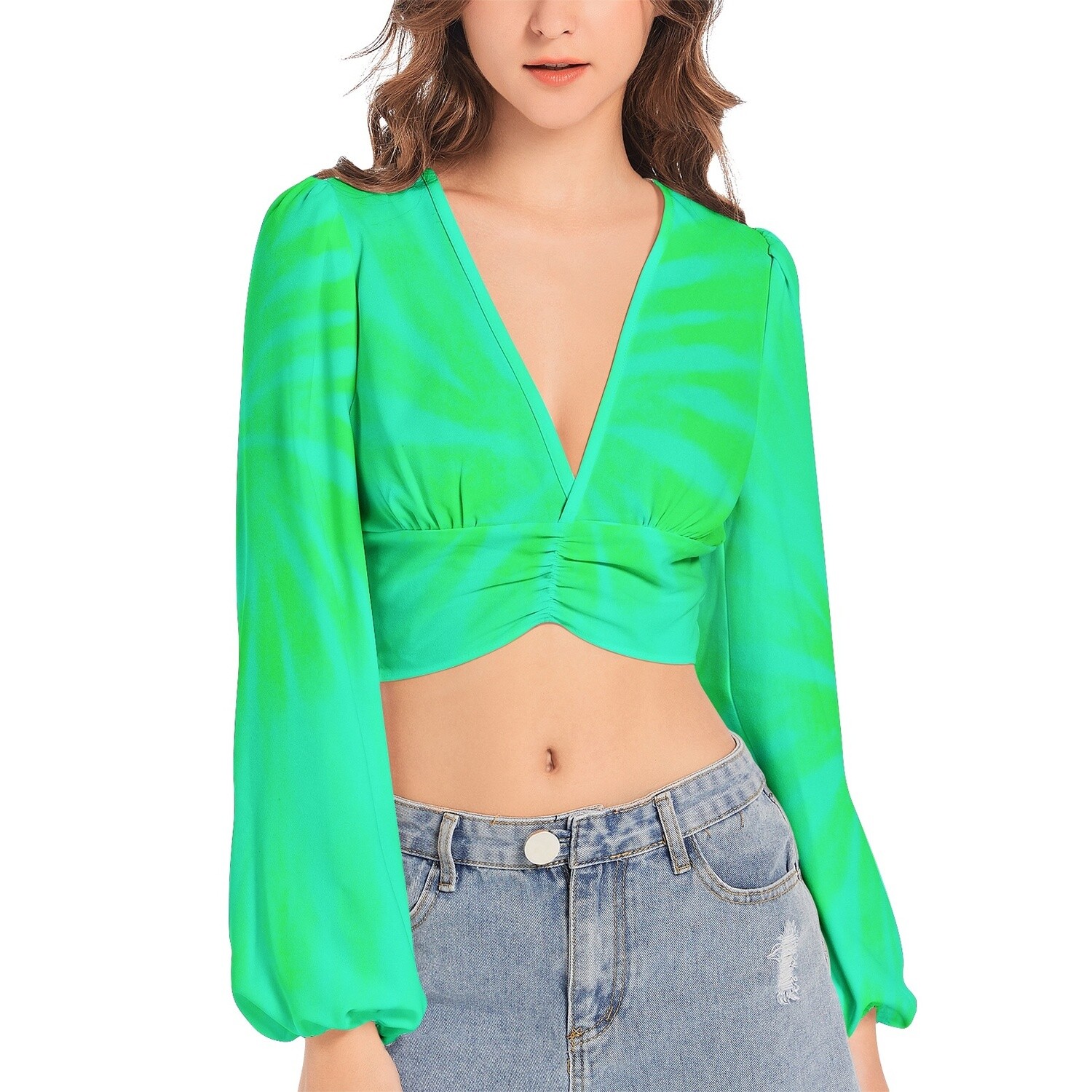 LUCY Vibrant V-Neck Lantern Sleeve Crop Top