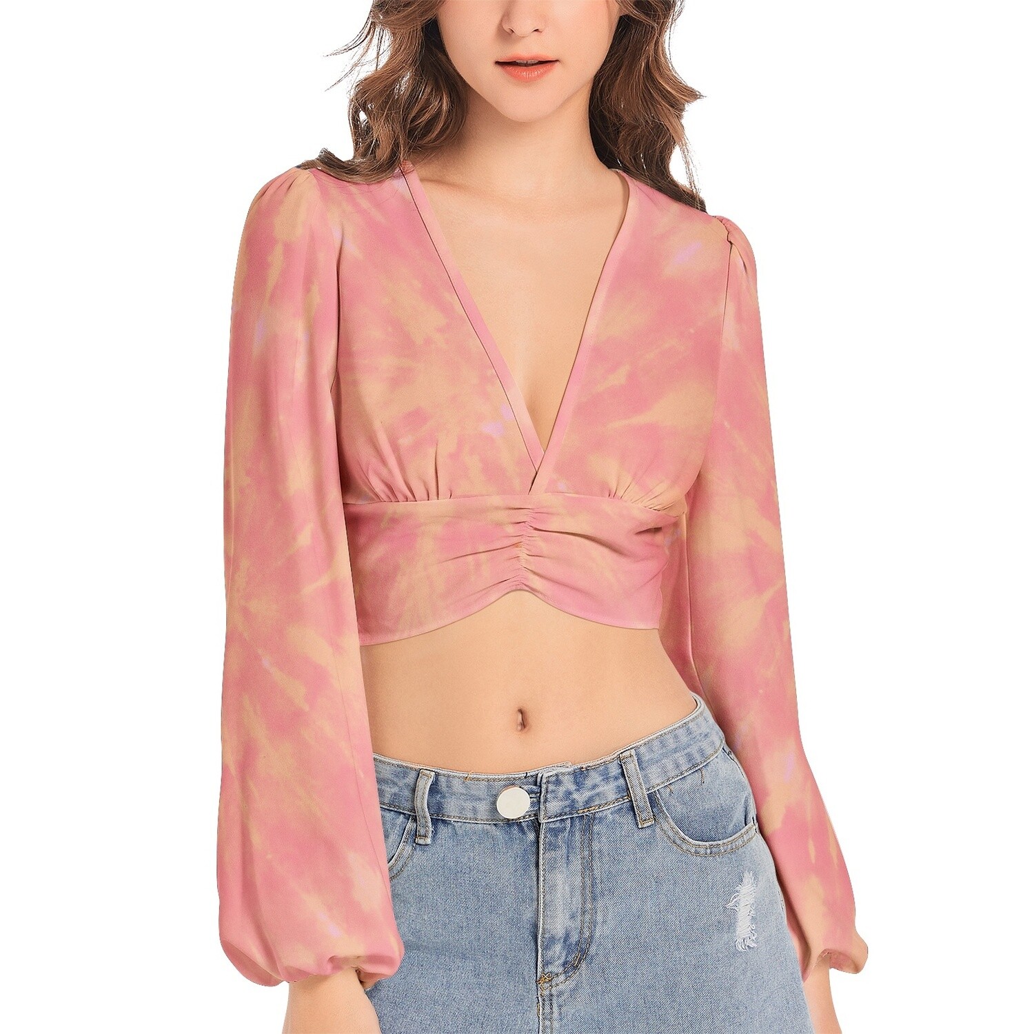 HILLAH V-Neck Lantern Sleeve Crop Top