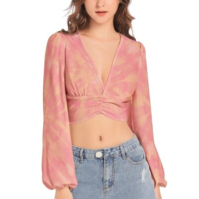 HILLAH V-Neck Lantern Sleeve Crop Top