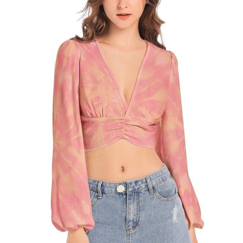 HILLAH V-Neck Lantern Sleeve Crop Top