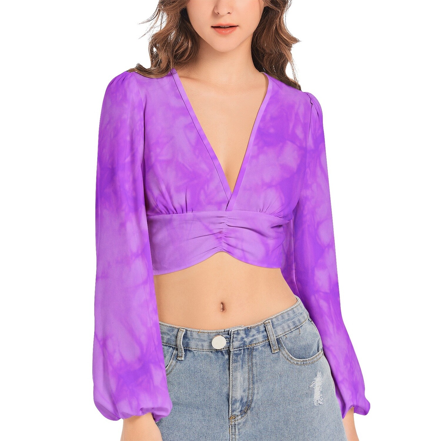 AMALIANA V-Neck Lantern Sleeve Crop Top