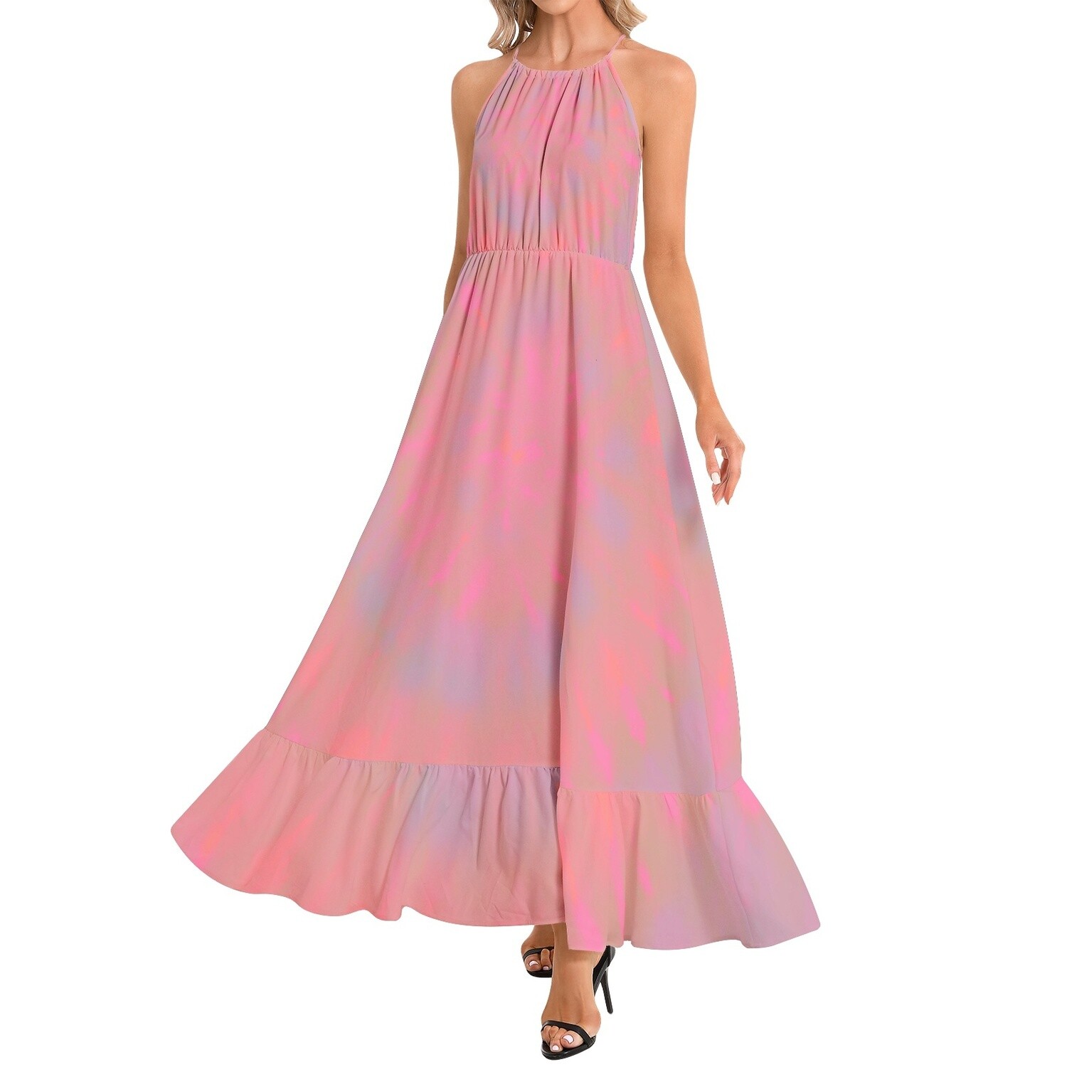 OHANNA Soft Tie Dye Ruffle Hem Halter Neck Maxi Dress