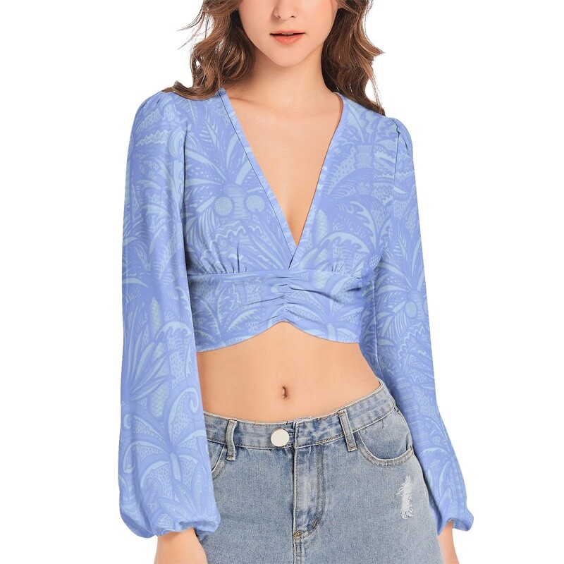 KILIAN V-Neck Lantern Sleeve Crop Top, Cornflower