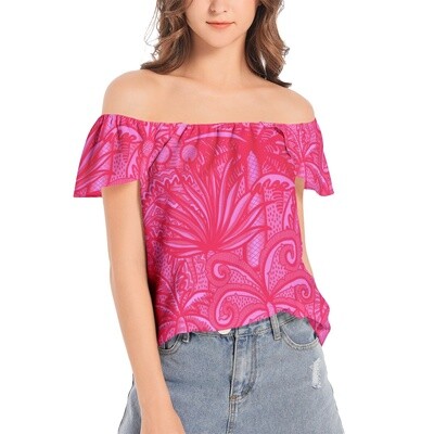MILIO Palm Tree Pattern Off Shoulder Top, Magenta