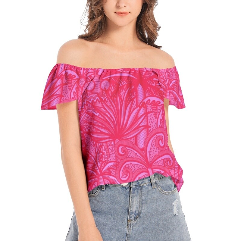 MILIO Palm Tree Pattern Off Shoulder Top, Magenta