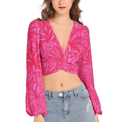 KILIAN V-Neck Lantern Sleeve Crop Top, Magenta