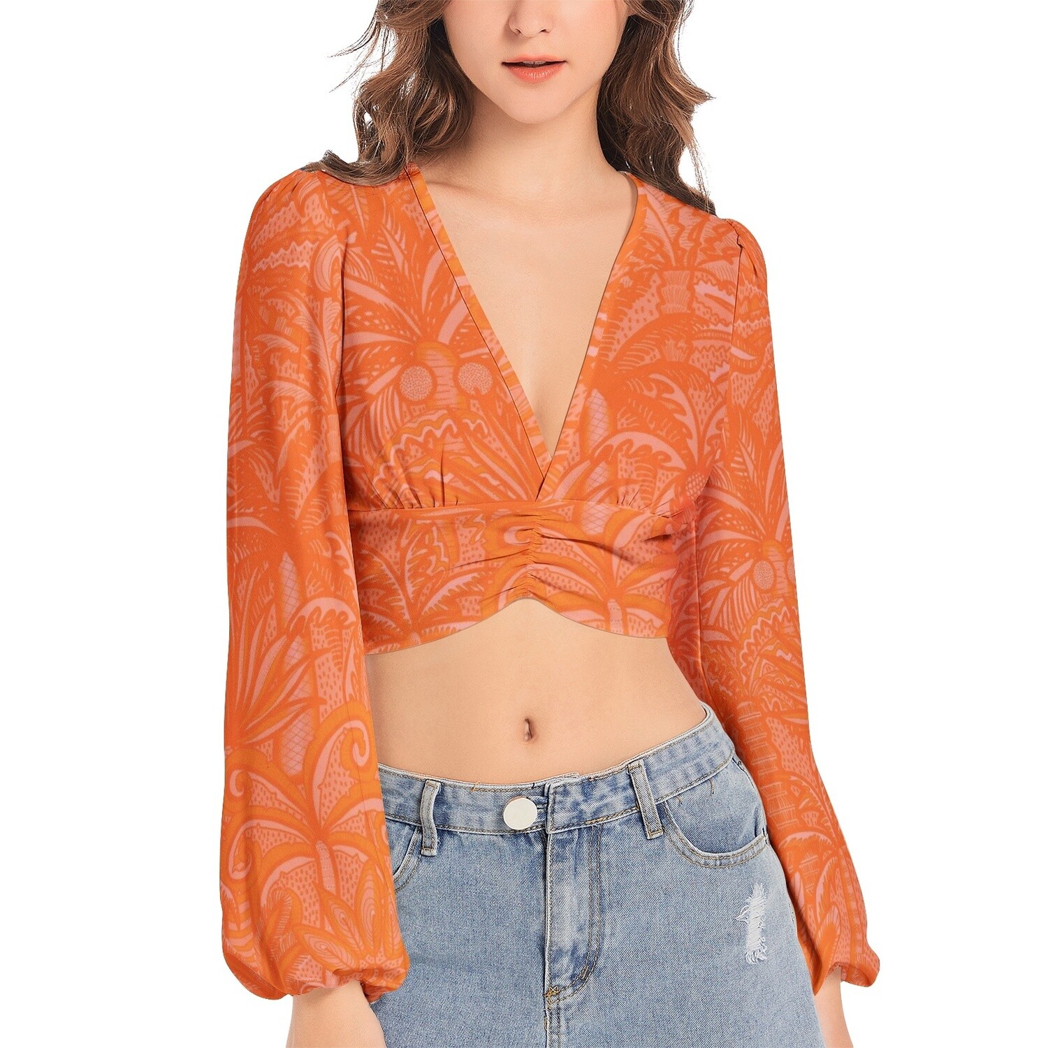 KILIAN V-Neck Lantern Sleeve Crop Top, Papaya
