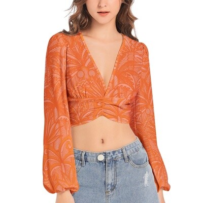 KILIAN V-Neck Lantern Sleeve Crop Top, Papaya