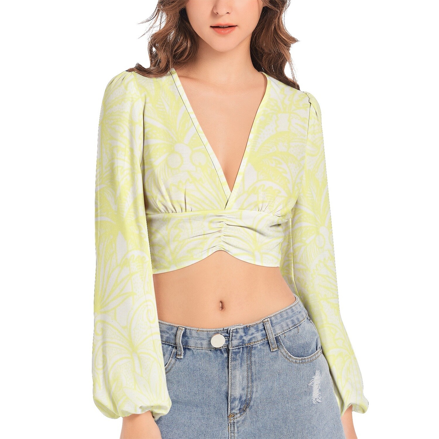 KILIAN V-Neck Lantern Sleeve Crop Top, White / Yellow