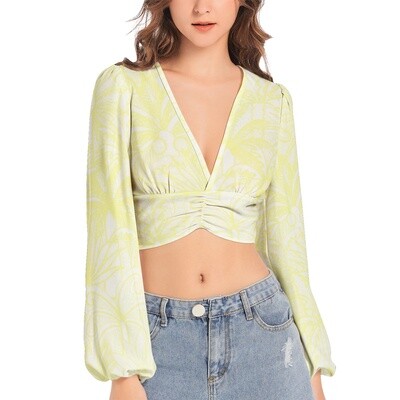 KILIAN V-Neck Lantern Sleeve Crop Top, White / Yellow