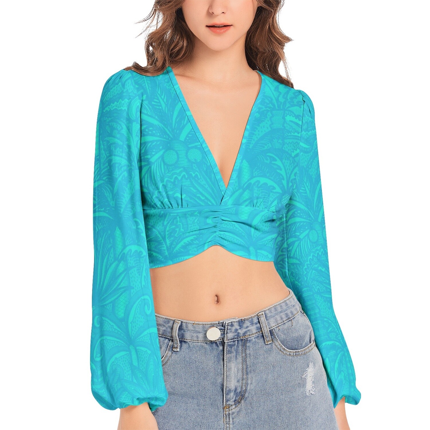 KILIAN V-Neck Lantern Sleeve Crop Top, Turquoise