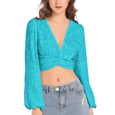 KILIAN V-Neck Lantern Sleeve Crop Top, Turquoise