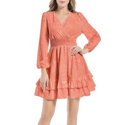 HELILA Long Sleeve Ruffle Hem Mini Dress, Coral