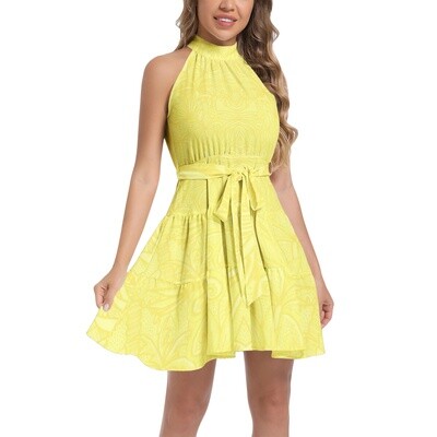 TAHARA PALMA Ruffle Hem Halter Neck Dress, Lemon Yellow