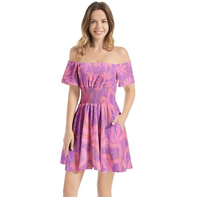 HANNE Off Shoulder Flared Mini Dress, Hot Purple