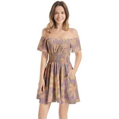 HANNE Off Shoulder Flared Mini Dress, Dirty Purple