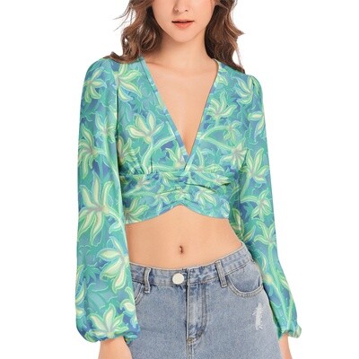 HALO Deep V-Neck Lantern Sleeve Crop Top, Turquoise