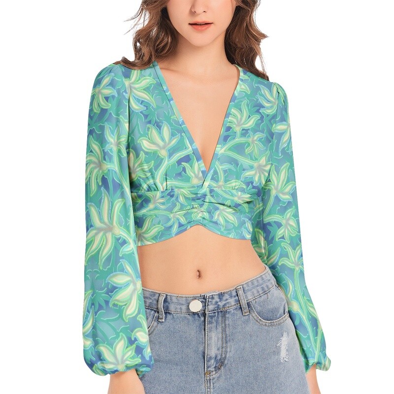 HALO Deep V-Neck Lantern Sleeve Crop Top, Turquoise