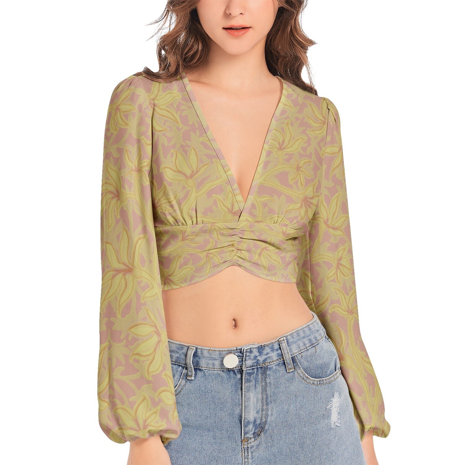 HALO Deep V-Neck Lantern Sleeve Crop Top, Dirty Olive