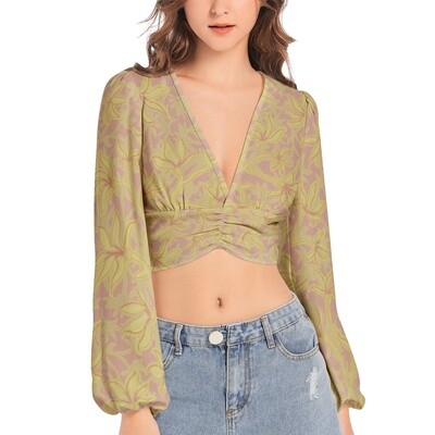 HALO Deep V-Neck Lantern Sleeve Crop Top, Dirty Olive