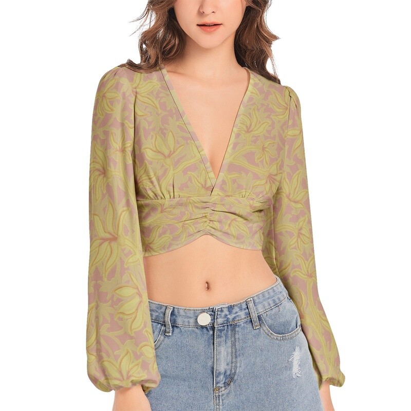 HALO Deep V-Neck Lantern Sleeve Crop Top, Dirty Olive