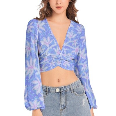 HALO Deep V-Neck Lantern Sleeve Crop Top, Blue