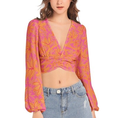 HALO Deep V-Neck Lantern Sleeve Crop Top, Hot Pink