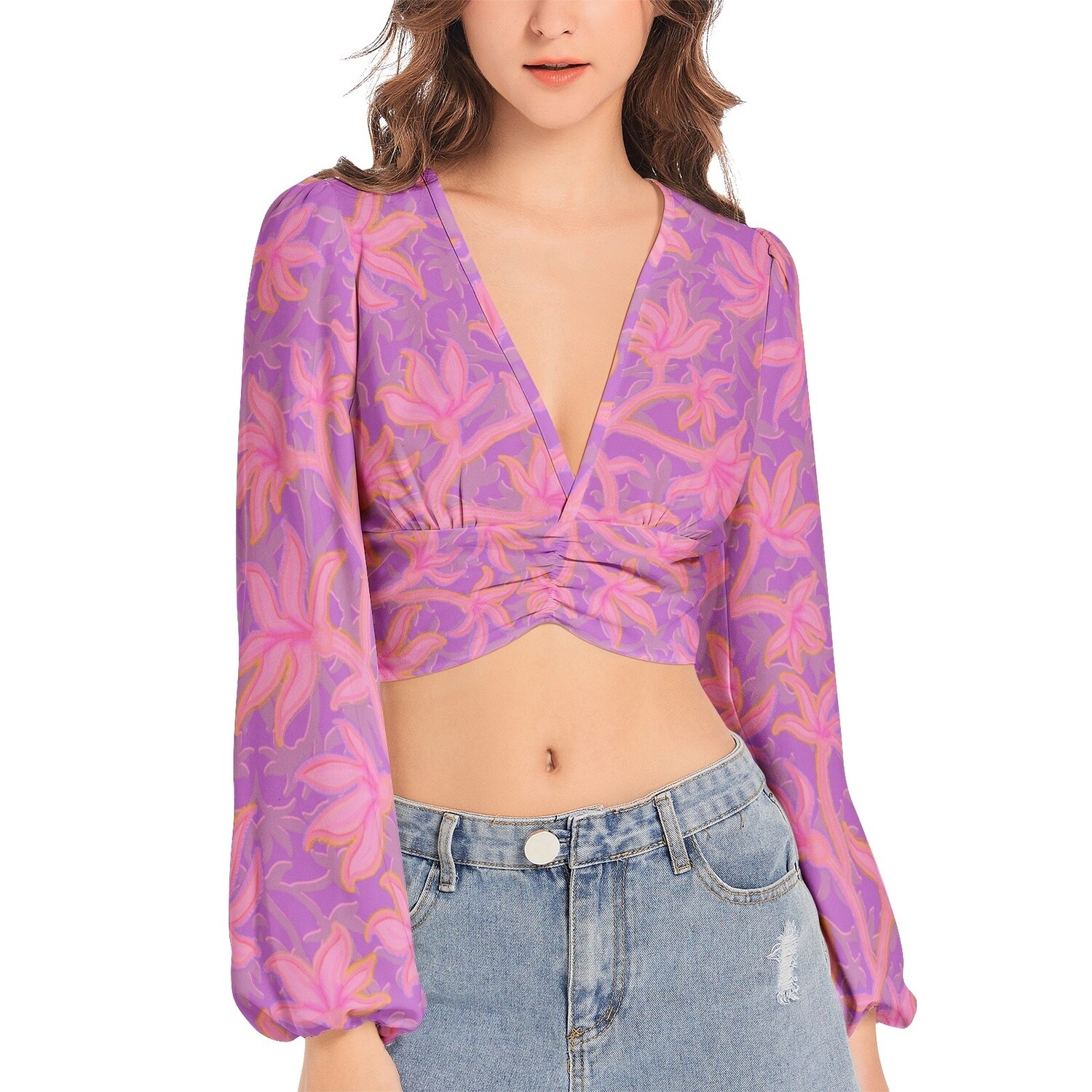 HALO Deep V-Neck Lantern Sleeve Crop Top, Hot Purple