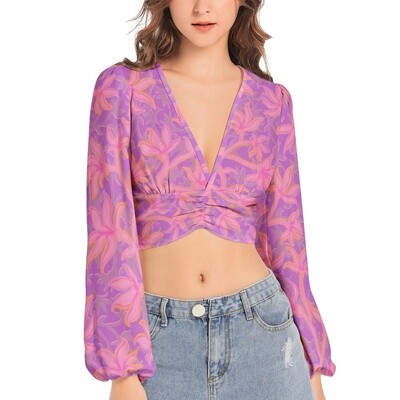 HALO Deep V-Neck Lantern Sleeve Crop Top, Hot Purple