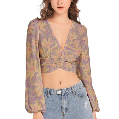 HALO Deep V-Neck Lantern Sleeve Crop Top, Dirty Purple