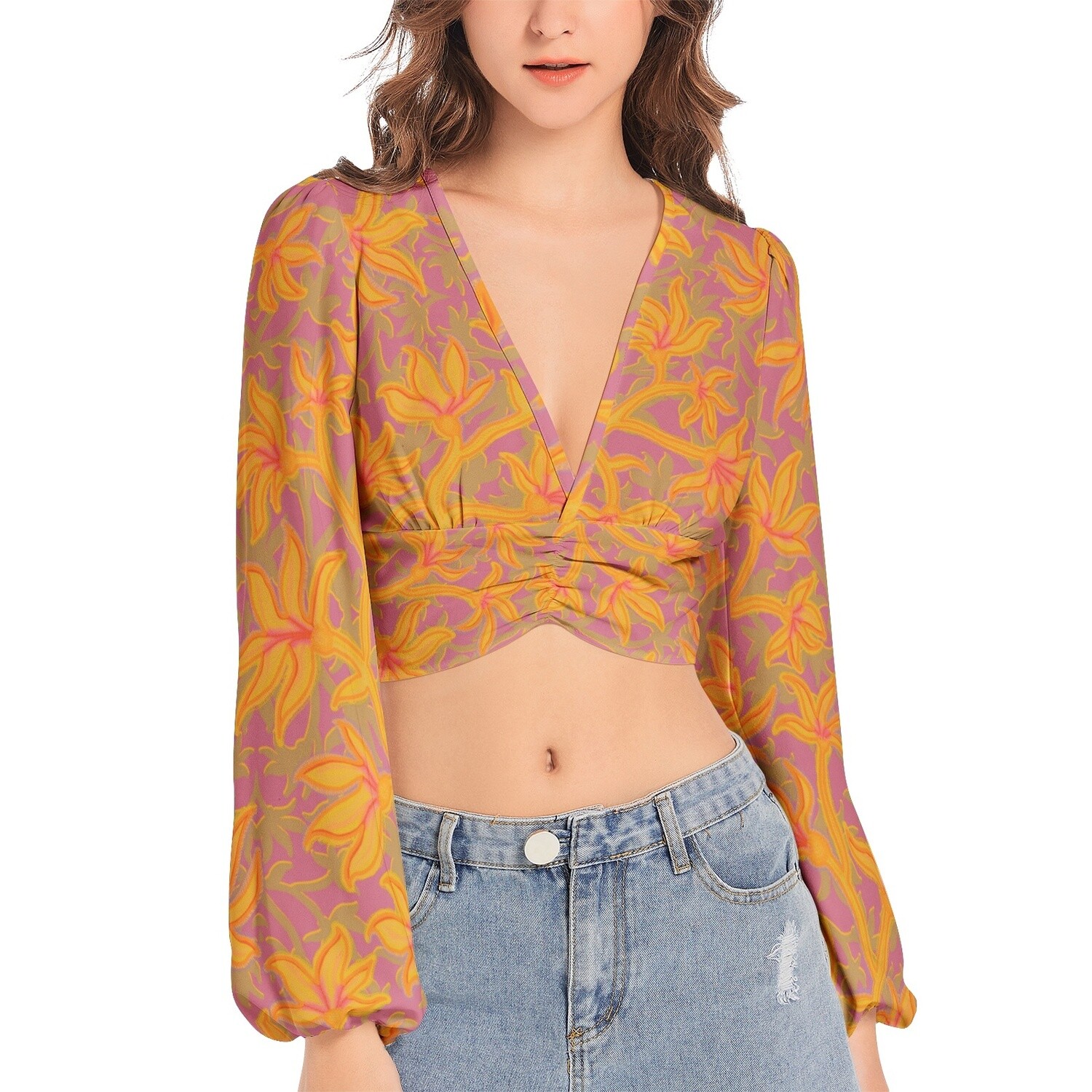 HALO Deep V-Neck Lantern Sleeve Crop Top, Hot Purple / Yellow