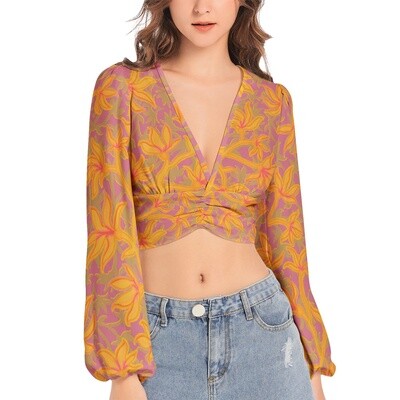 HALO Deep V-Neck Lantern Sleeve Crop Top, Hot Purple / Yellow