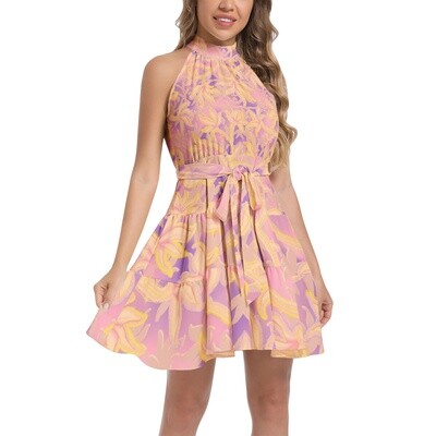KIKI Ruffle Hem Halter Dress. Purple / Yellow