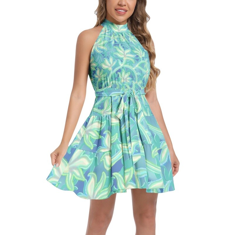 KIKI Ruffle Hem Halter Dress, Turquoise