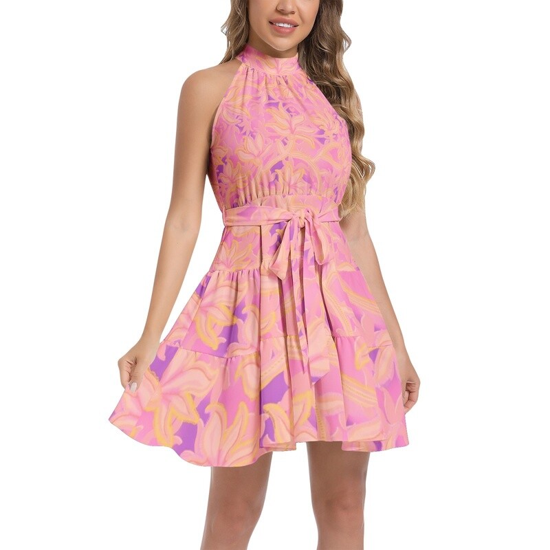 KIKI Ruffle Hem Halter Dress, Warm Pink