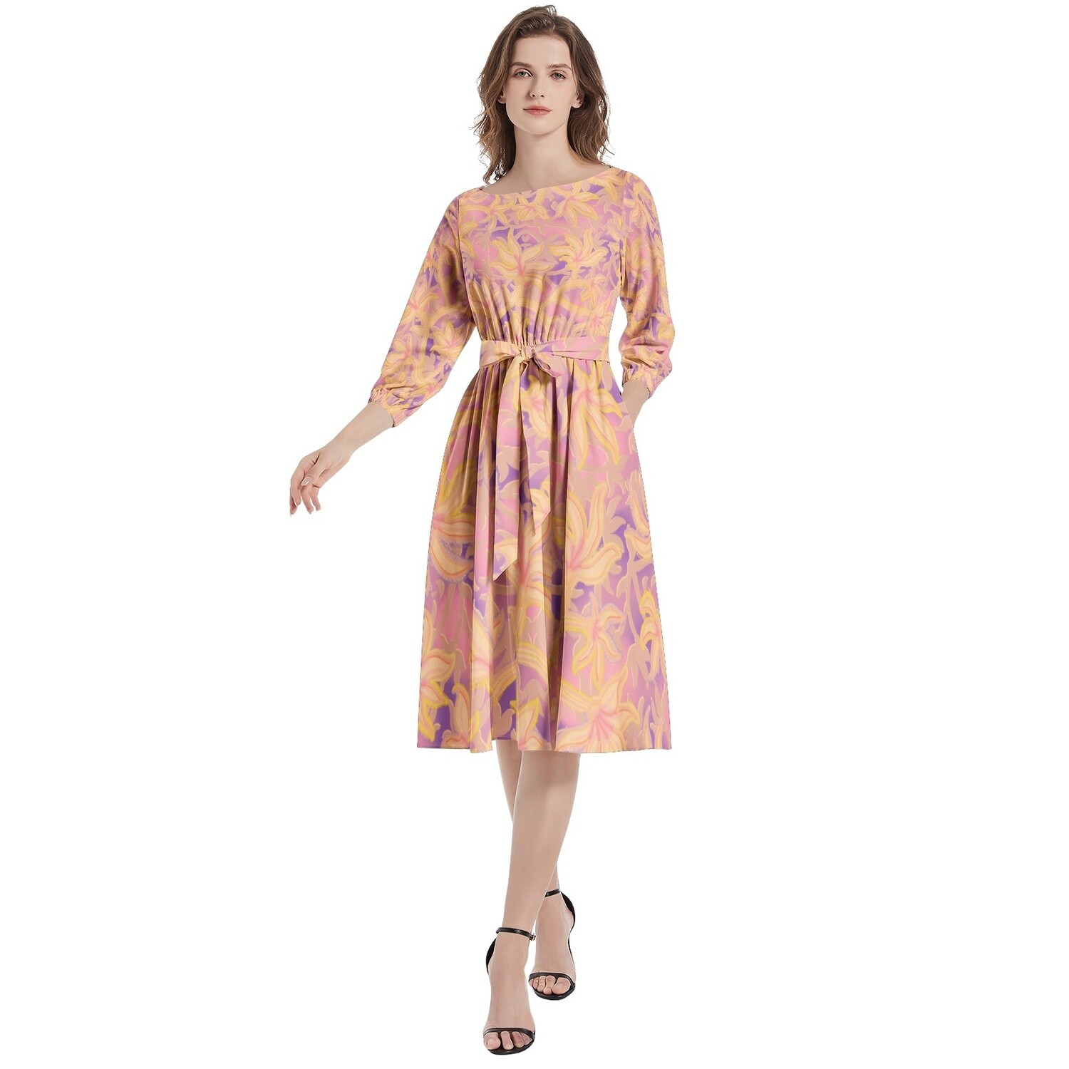ALAYA Flared Midi Dress, Peach