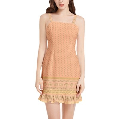 LYRA Sleeveless Square Neck Ruffle Hem Mini Dress, Apricot