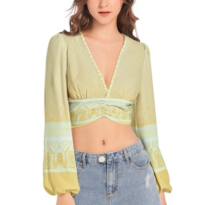 SILAS V-Neck Lantern Sleeve Crop Top, Yellow Olive