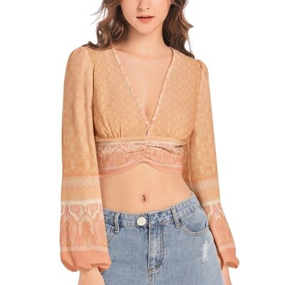 SILAS V-Neck Lantern Sleeve Crop Top, Peach