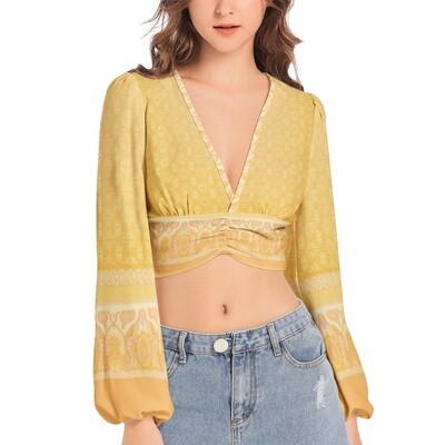SILAS V-Neck Lantern Sleeve Crop Top, Golden Hour Yellow