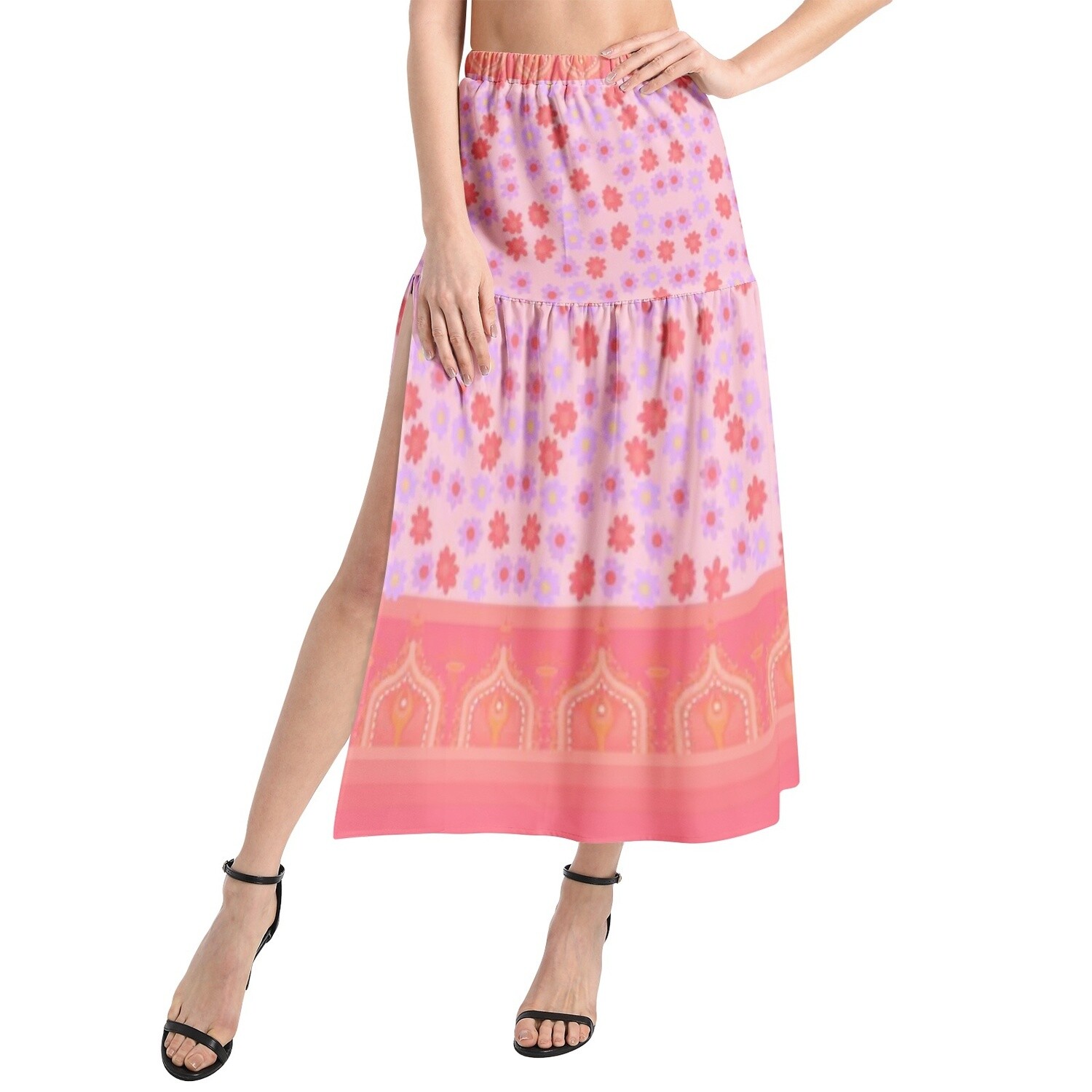 OLINA Elastic Waist Ruffle Slit Hem Skirt, Rose Pink
