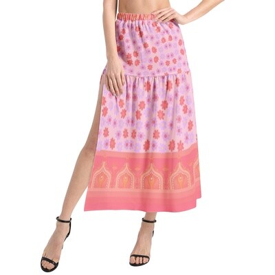 OLINA Elastic Waist Ruffle Slit Hem Skirt, Rose Pink