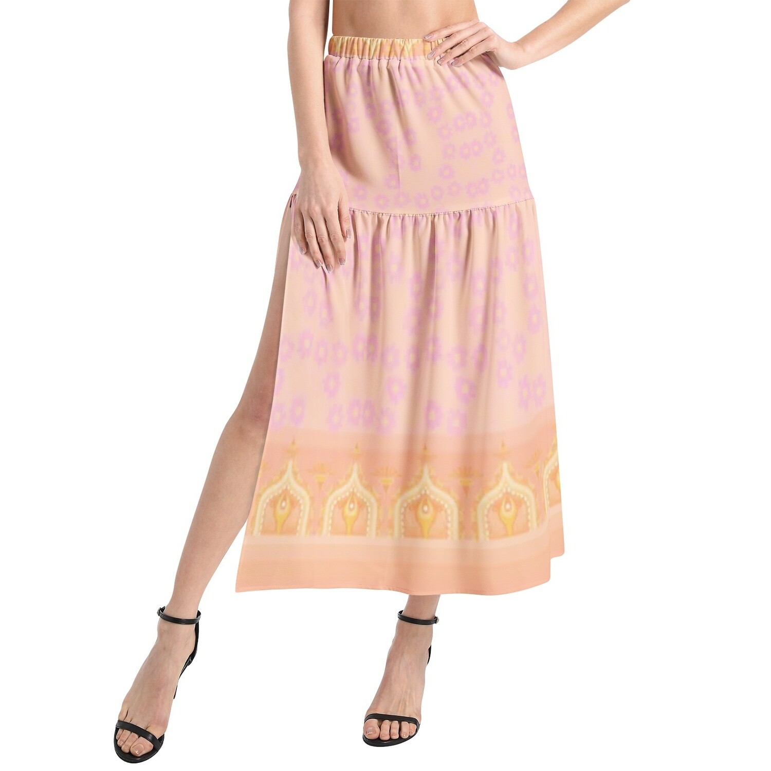 OLINA Elastic Waist Ruffle Slit Hem Skirt, Apricot / Peach, Size: XS